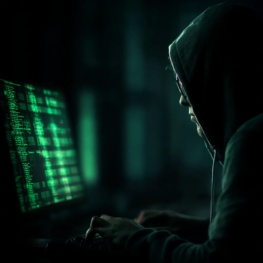 A hooded figure at a screen behind cascading green code in a darkened room