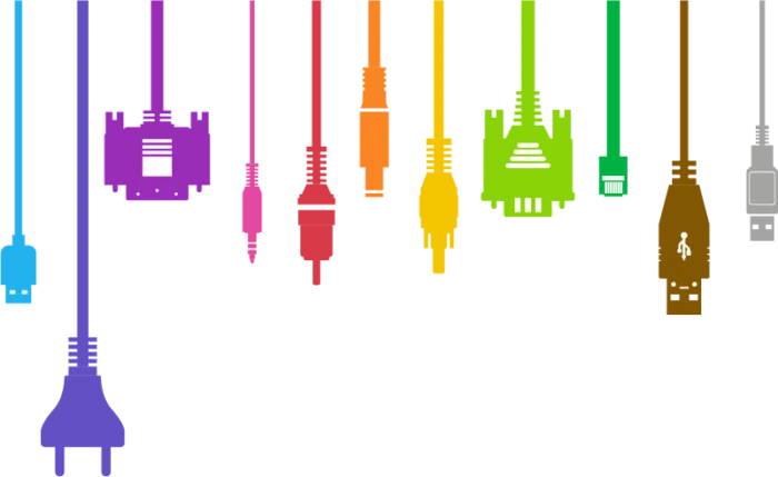 A row of brightly coloured cable connectors — USB, ethernet, VGA and audio — hanging down