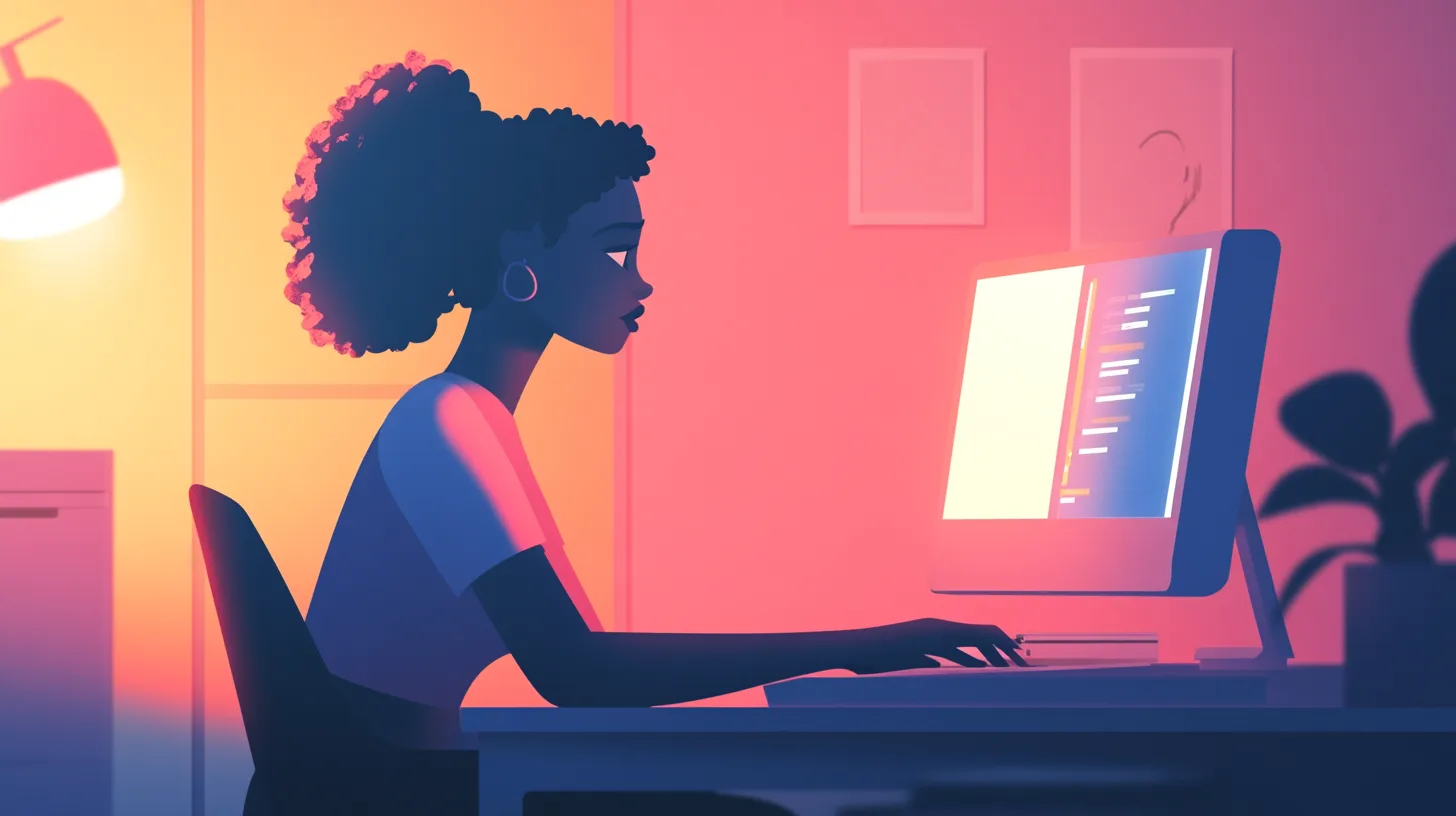 A flat illustration of a person at a desktop computer in a room lit orange and pink