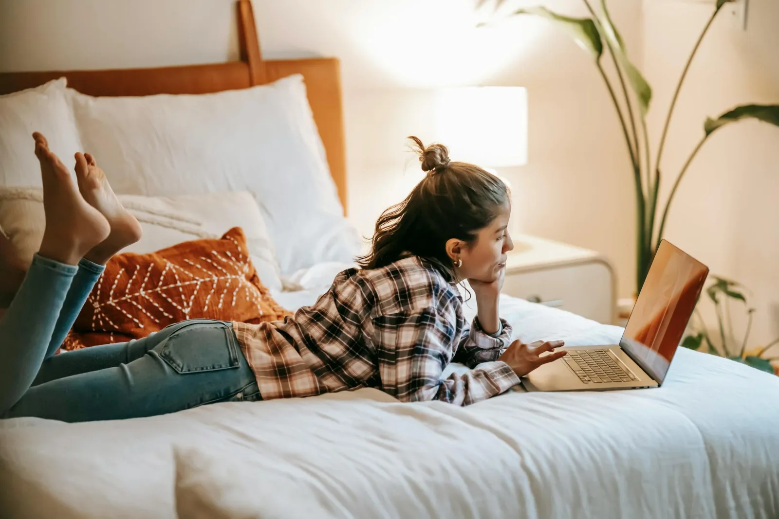 A person lies on a bed using a laptop beside a lamp and a houseplant